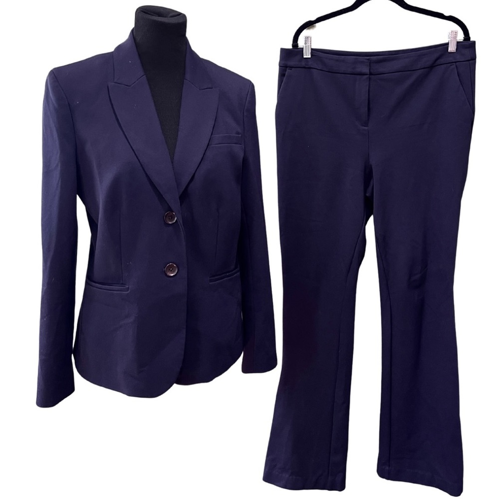 Boden Womens Sz 12 Tailored Jersey 2-Piece Pant Suit Blue Jacket Polka Dot Lined